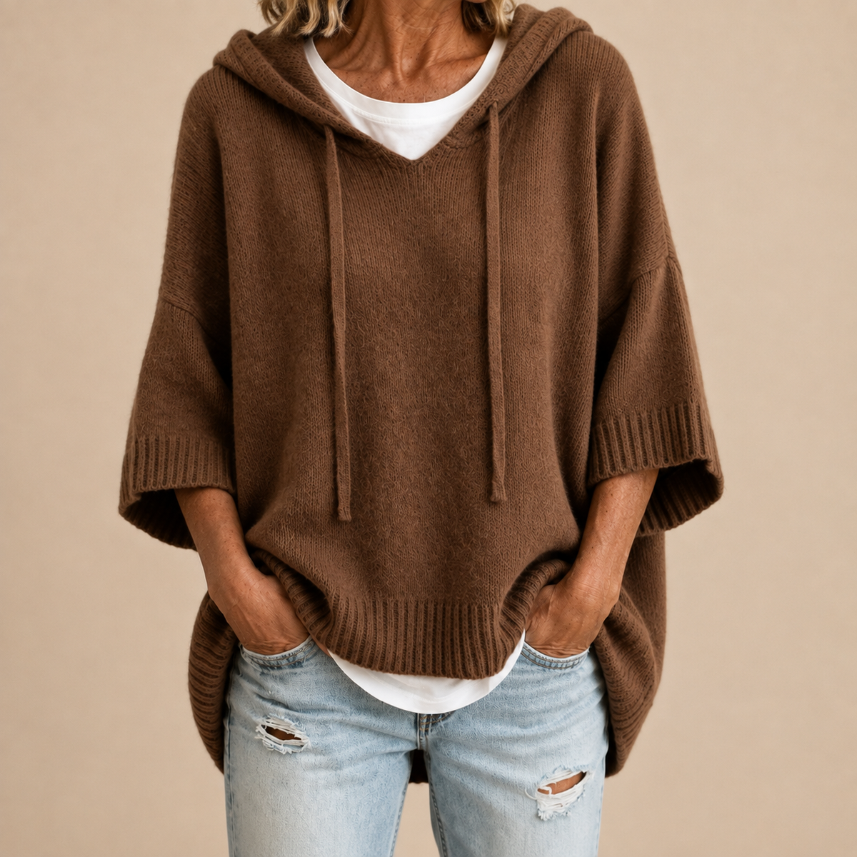 Oversized Pullover Damen mit Kapuze und V-Ausschnitt für einen lässigen Look - 7 - Trendlinie