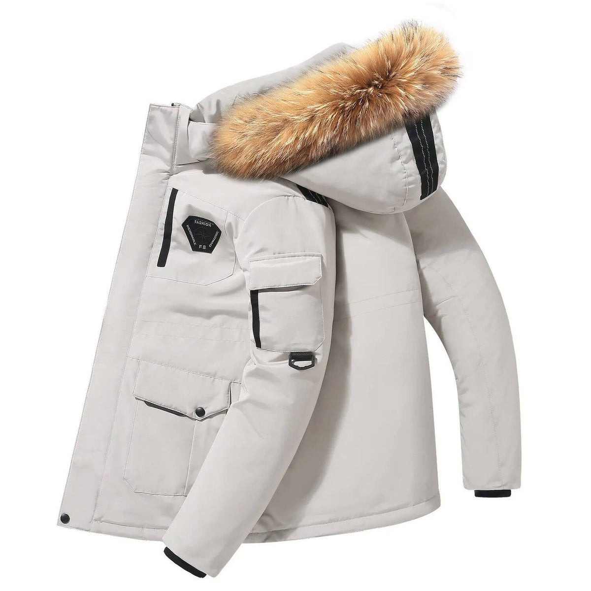 Herrenjacke mit Kapuze und voluminösem Pelzkragen - 7 - Trendlinie