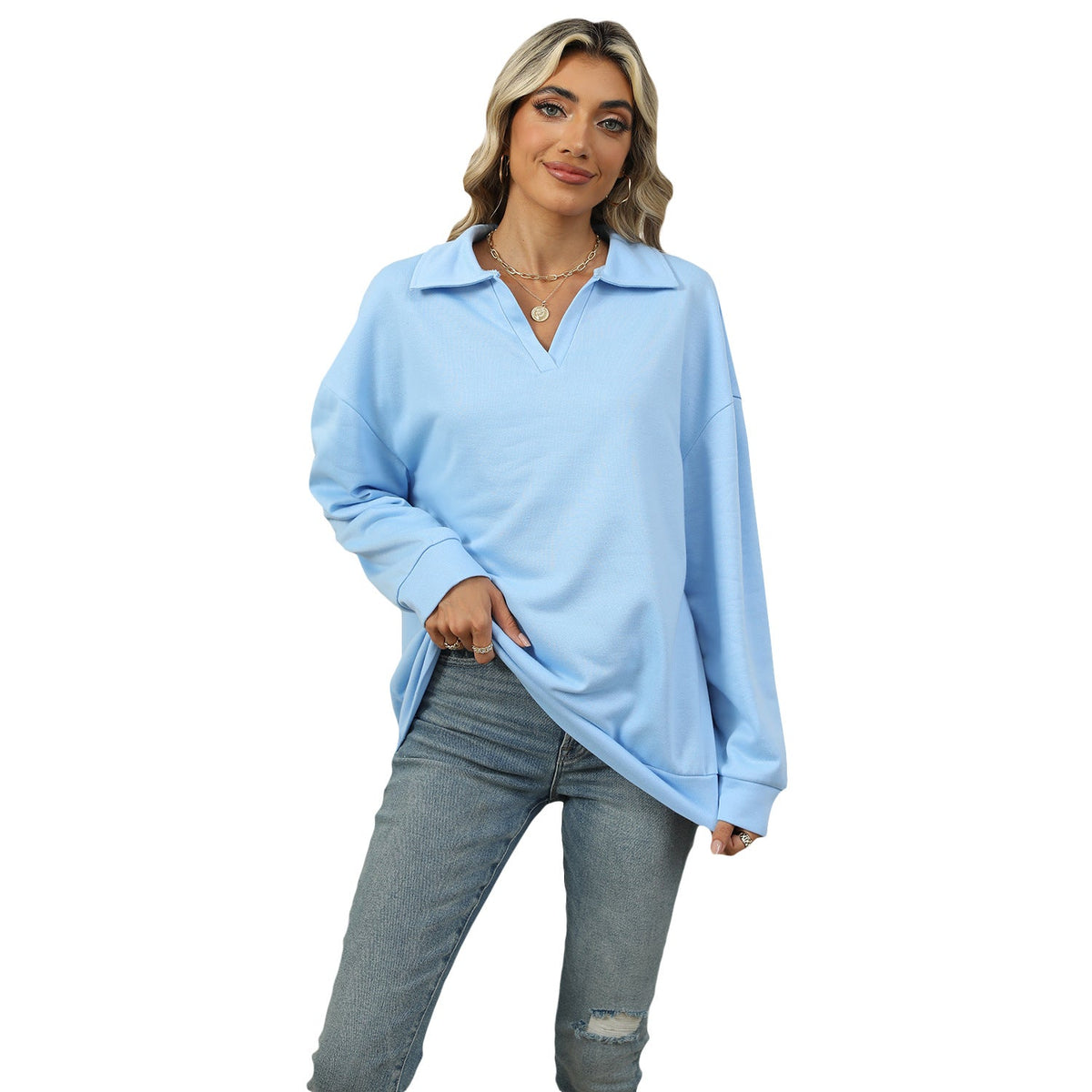 Damen Sweatshirt im Relaxed Fit mit V-Ausschnitt und Revers - 3 - Trendlinie