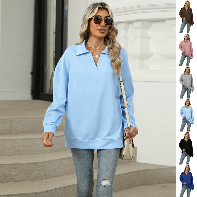 Damen Sweatshirt im Relaxed Fit mit V-Ausschnitt und Revers - 4 - Trendlinie