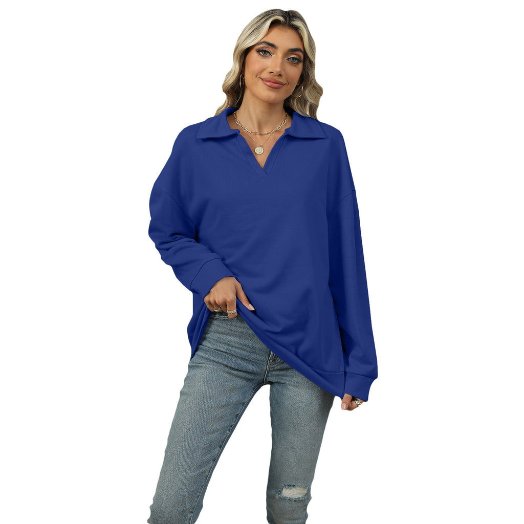 Damen Sweatshirt im Relaxed Fit mit V-Ausschnitt und Revers - 8 - Trendlinie