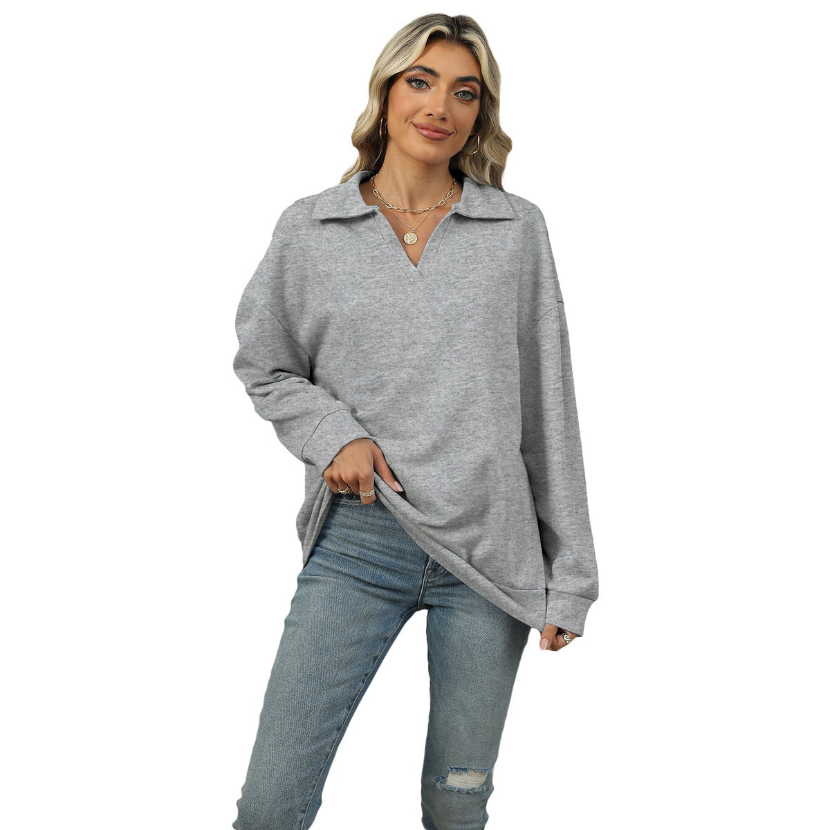 Damen Sweatshirt im Relaxed Fit mit V-Ausschnitt und Revers - 11 - Trendlinie