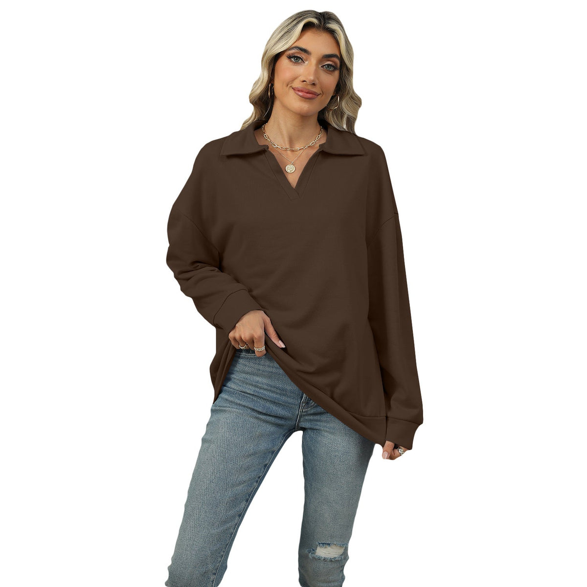 Damen Sweatshirt im Relaxed Fit mit V-Ausschnitt und Revers - 12 - Trendlinie