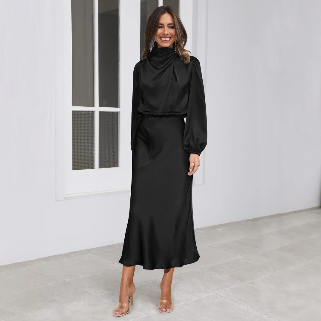 Elegantes Midi Kleid für Damen mit hohem Kragen und langen Ärmeln - 1 - Trendlinie