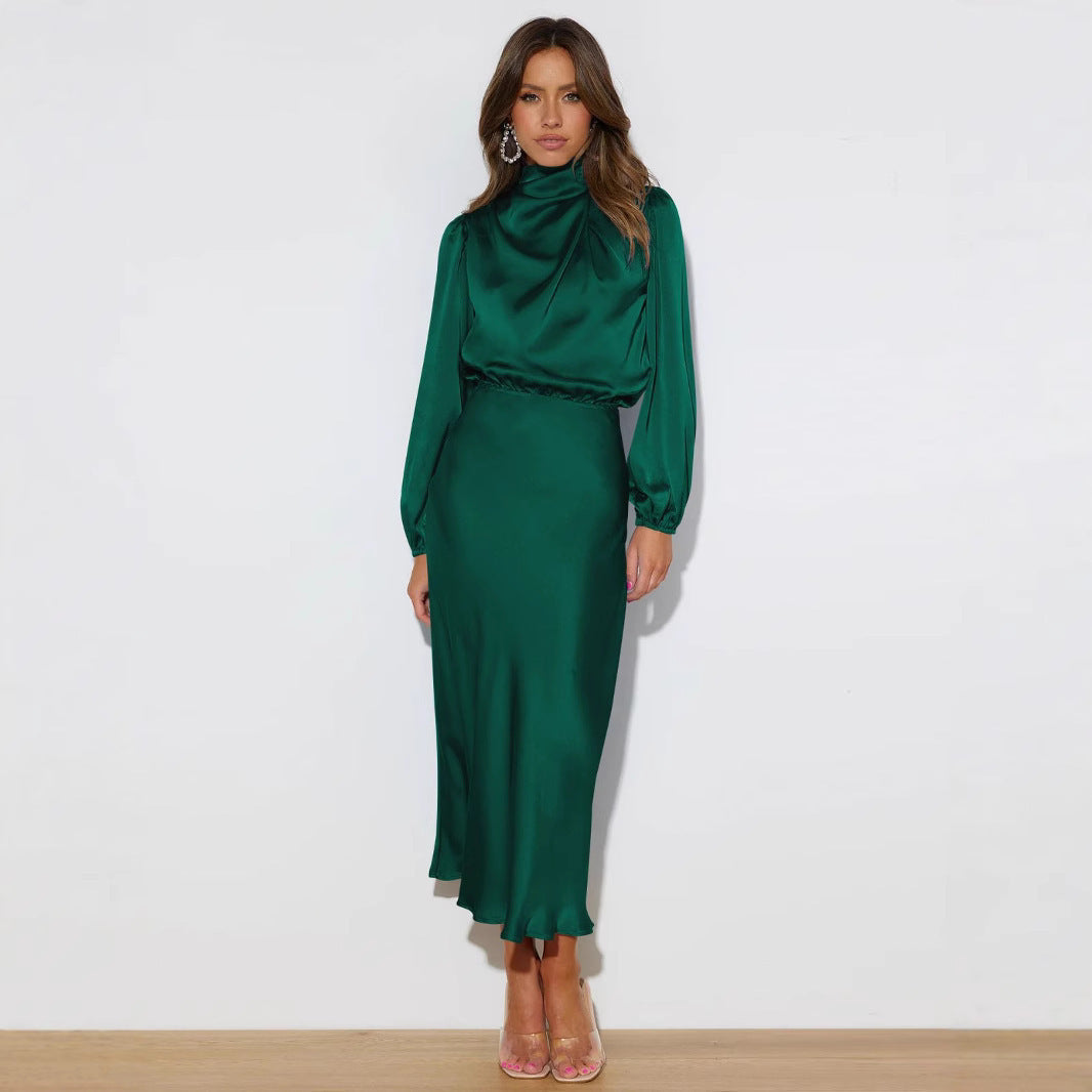 Elegantes Midi Kleid für Damen mit hohem Kragen und langen Ärmeln - 8 - Trendlinie