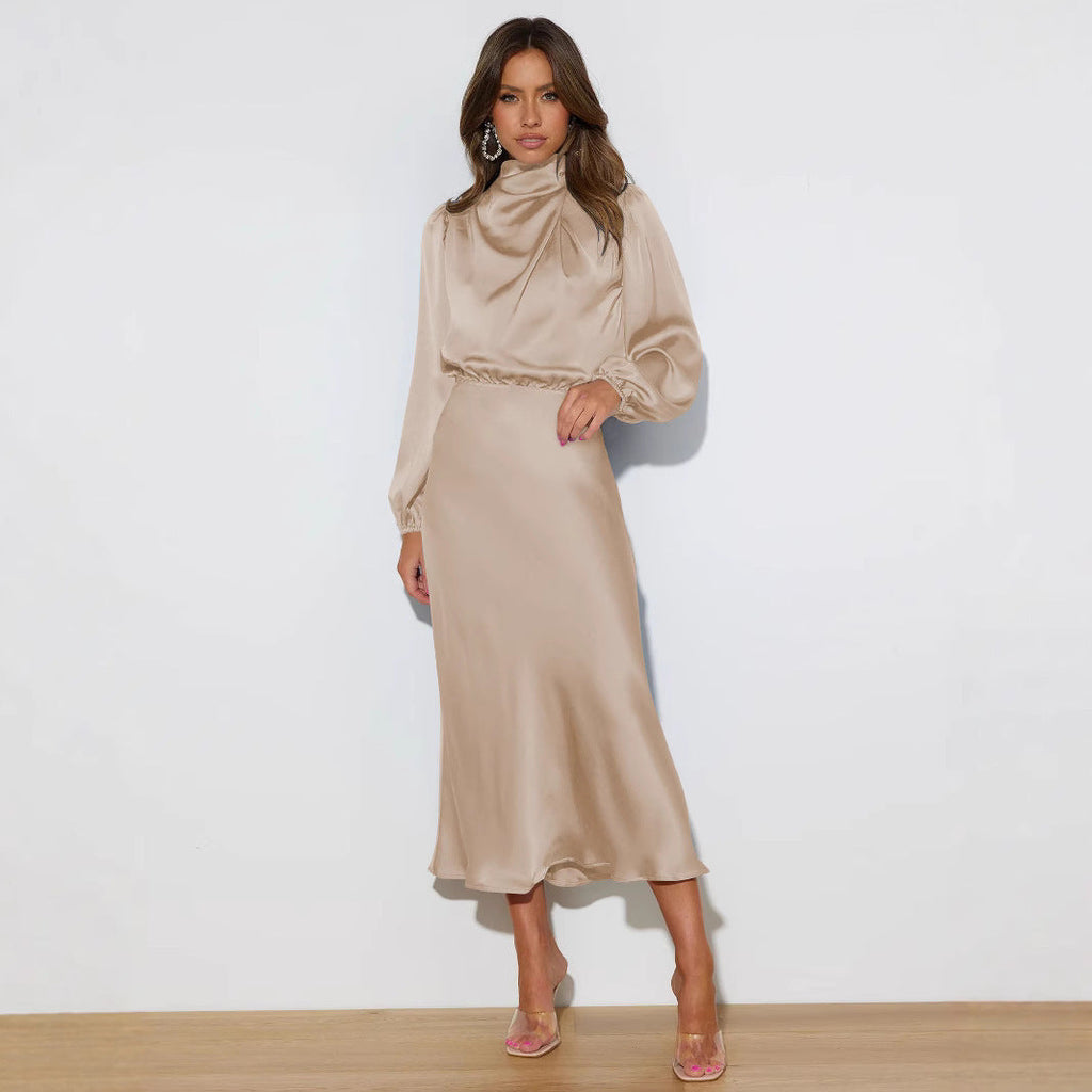 Elegantes Midi Kleid für Damen mit hohem Kragen und langen Ärmeln - 9 - Trendlinie