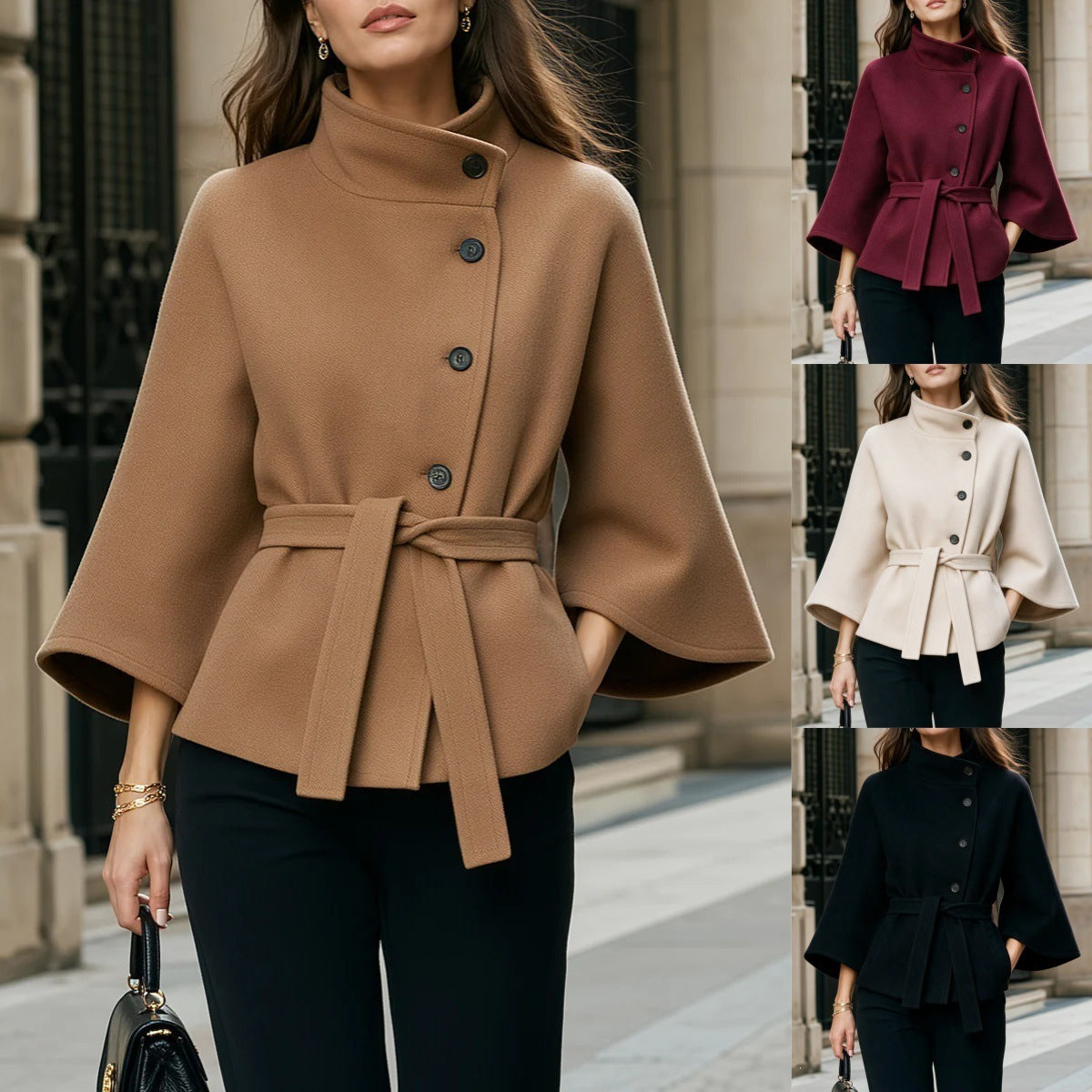 Modischer Damenmantel mit eleganten ausgestellten Ärmeln und asymmetrischen Knopfdetails - 1 - Trendlinie