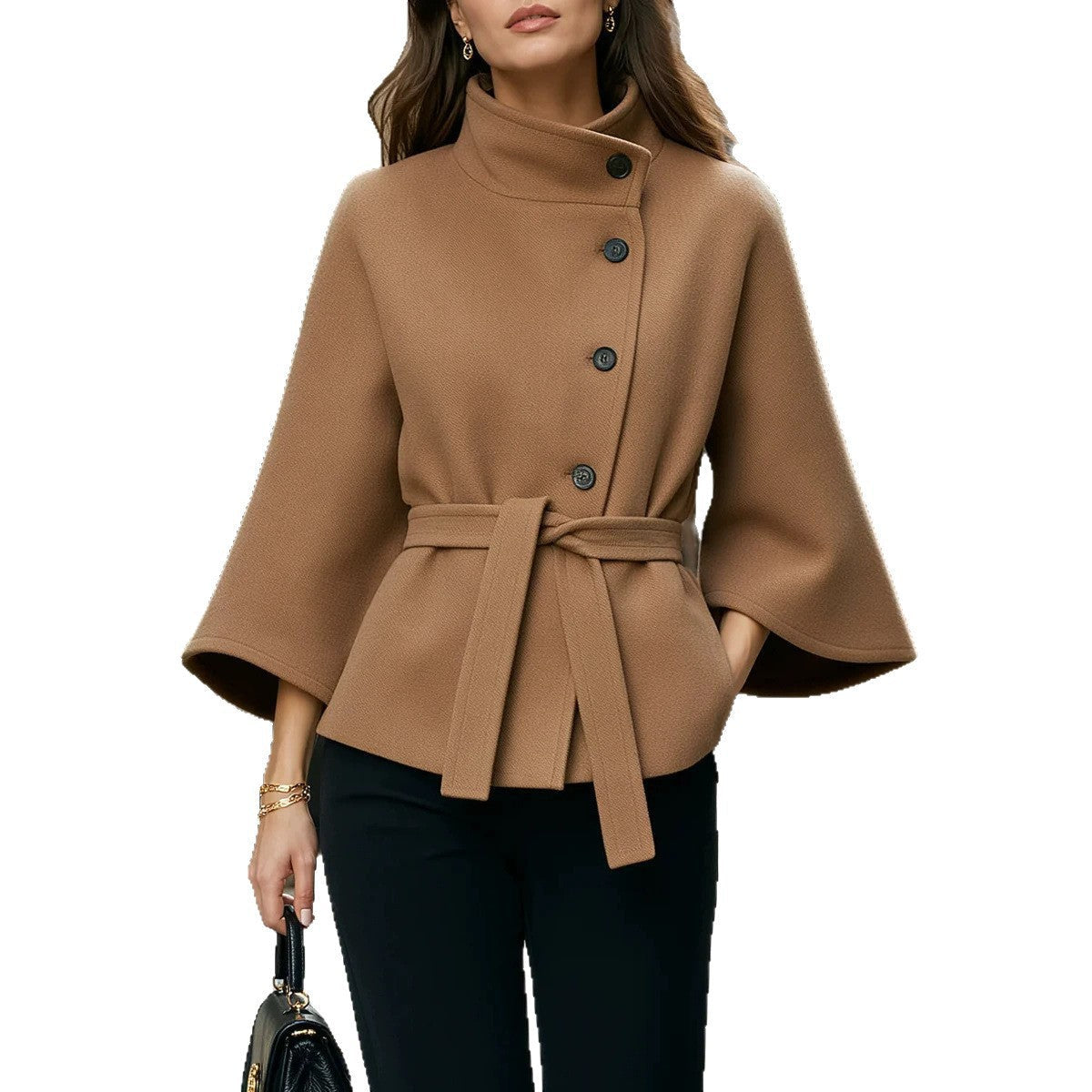 Modischer Damenmantel mit eleganten ausgestellten Ärmeln und asymmetrischen Knopfdetails - 4 - Trendlinie