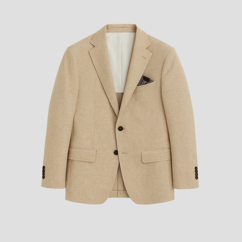 Sakko Herren beige tailliert mit Reverskragen und Einstecktuch