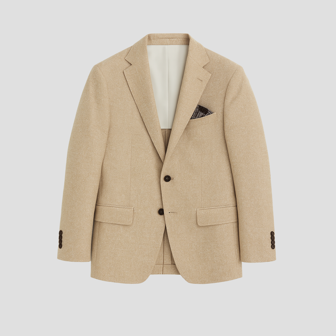 Sakko Herren beige tailliert mit Reverskragen und Einstecktuch