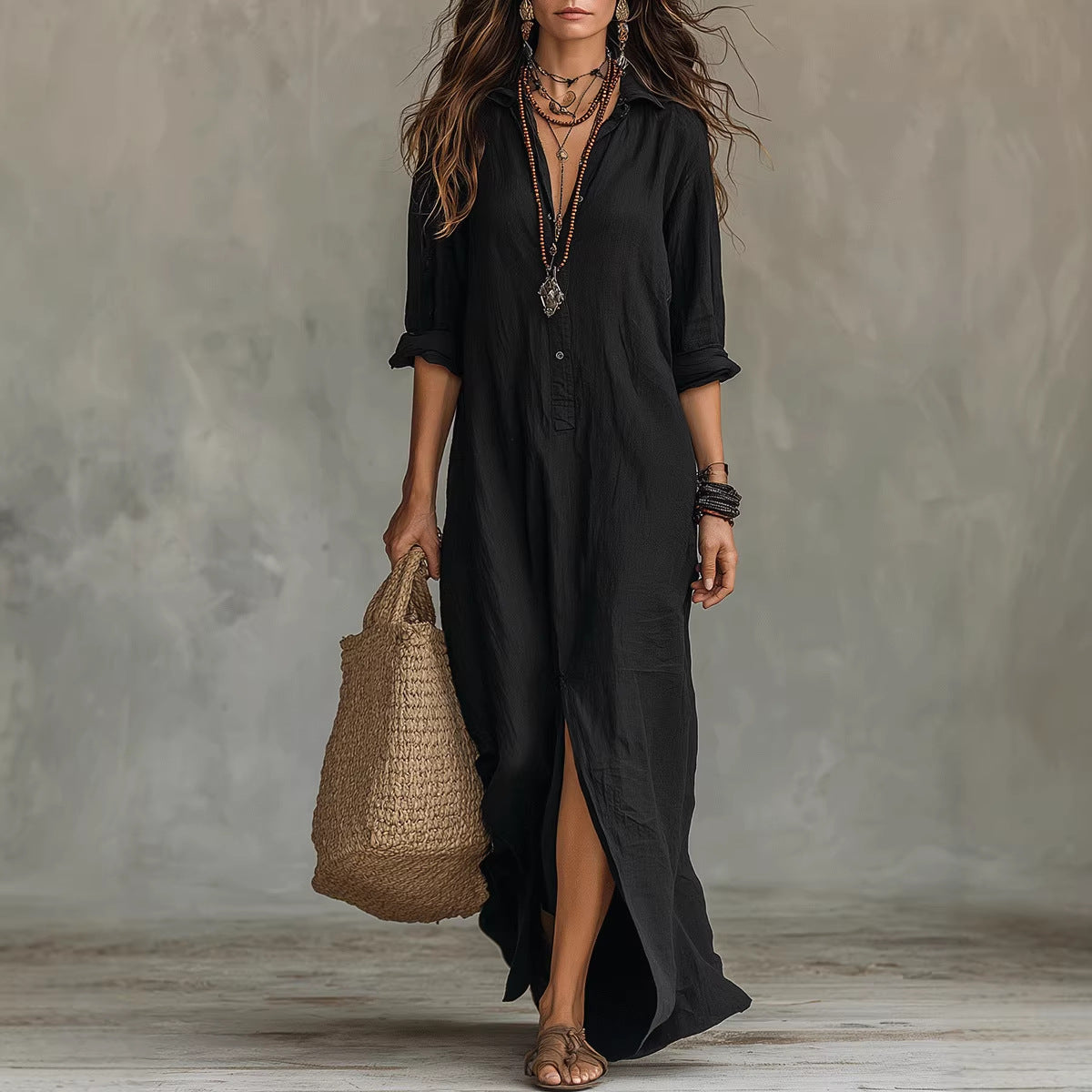 Maxikleid Damen khaki mit Kragen und Seitenschlitz