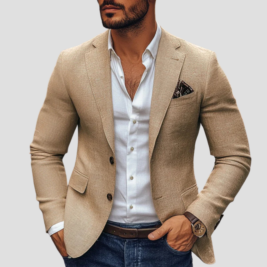 Sakko Herren beige tailliert mit Reverskragen und Einstecktuch