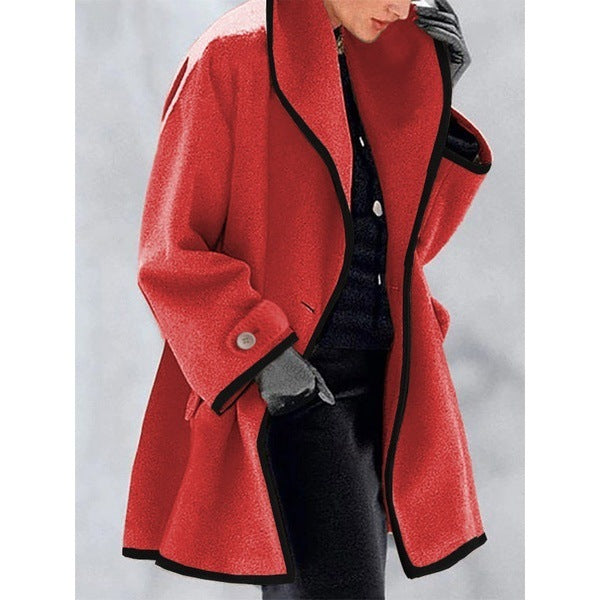 Mantel Damen rot mit schwarzer Kontrastborte und Schalkragen