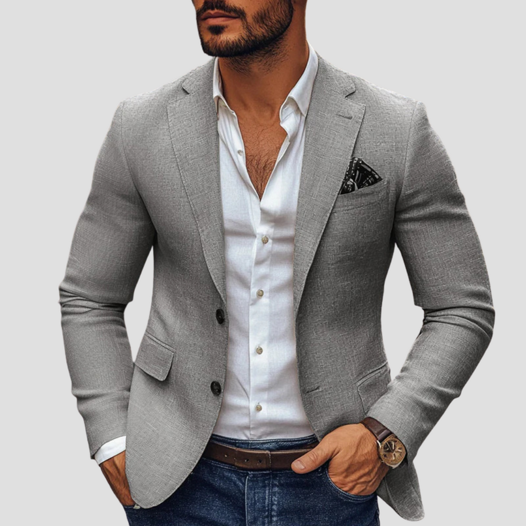 Sakko Herren beige tailliert mit Reverskragen und Einstecktuch