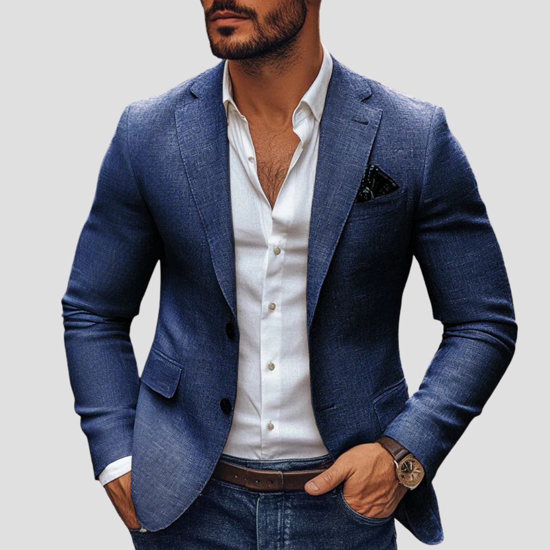 Sakko Herren beige tailliert mit Reverskragen und Einstecktuch