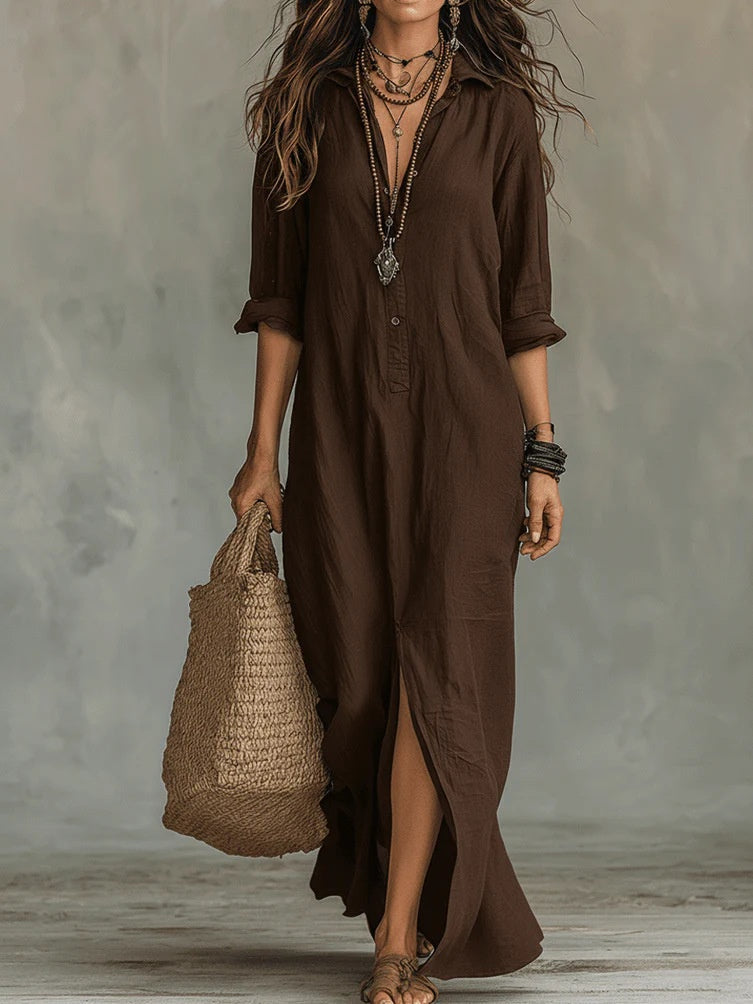 Maxikleid Damen khaki mit Kragen und Seitenschlitz