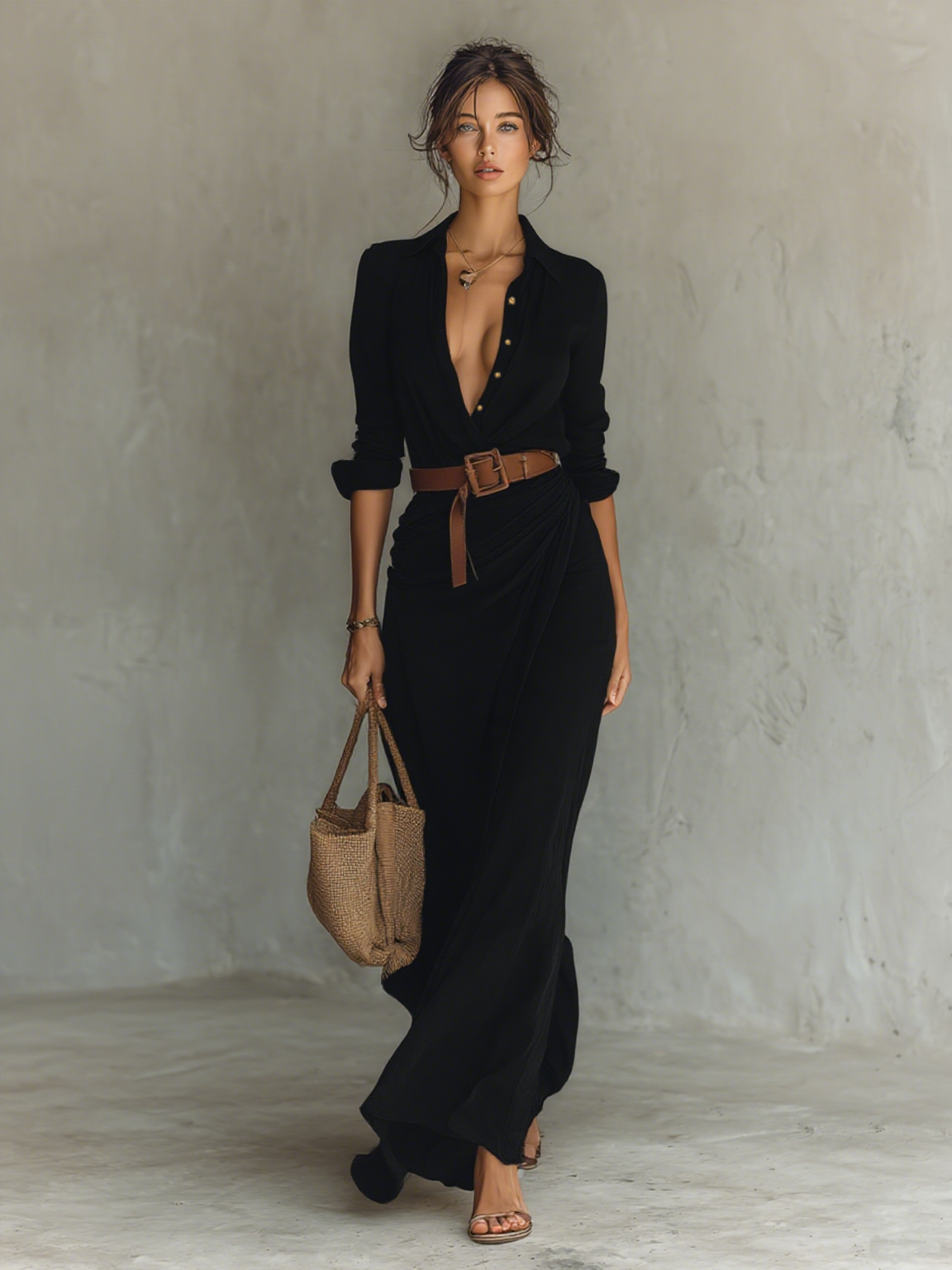 Maxikleid Damen beige langärmlig mit Gürtel und V-Ausschnitt