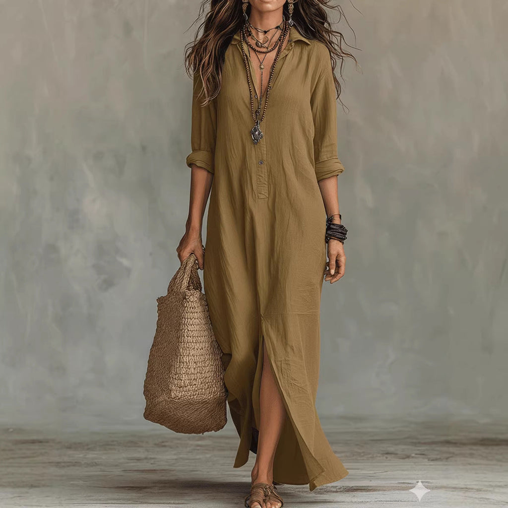 Maxikleid Damen khaki mit Kragen und Seitenschlitz