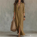 Maxikleid Damen khaki mit Kragen und Seitenschlitz