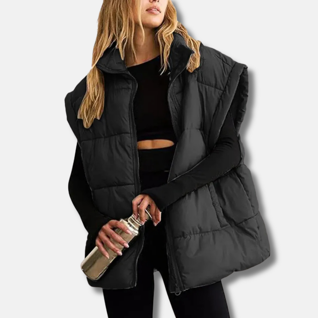 Steppweste Damen beige oversize ärmellos mit Stehkragen
