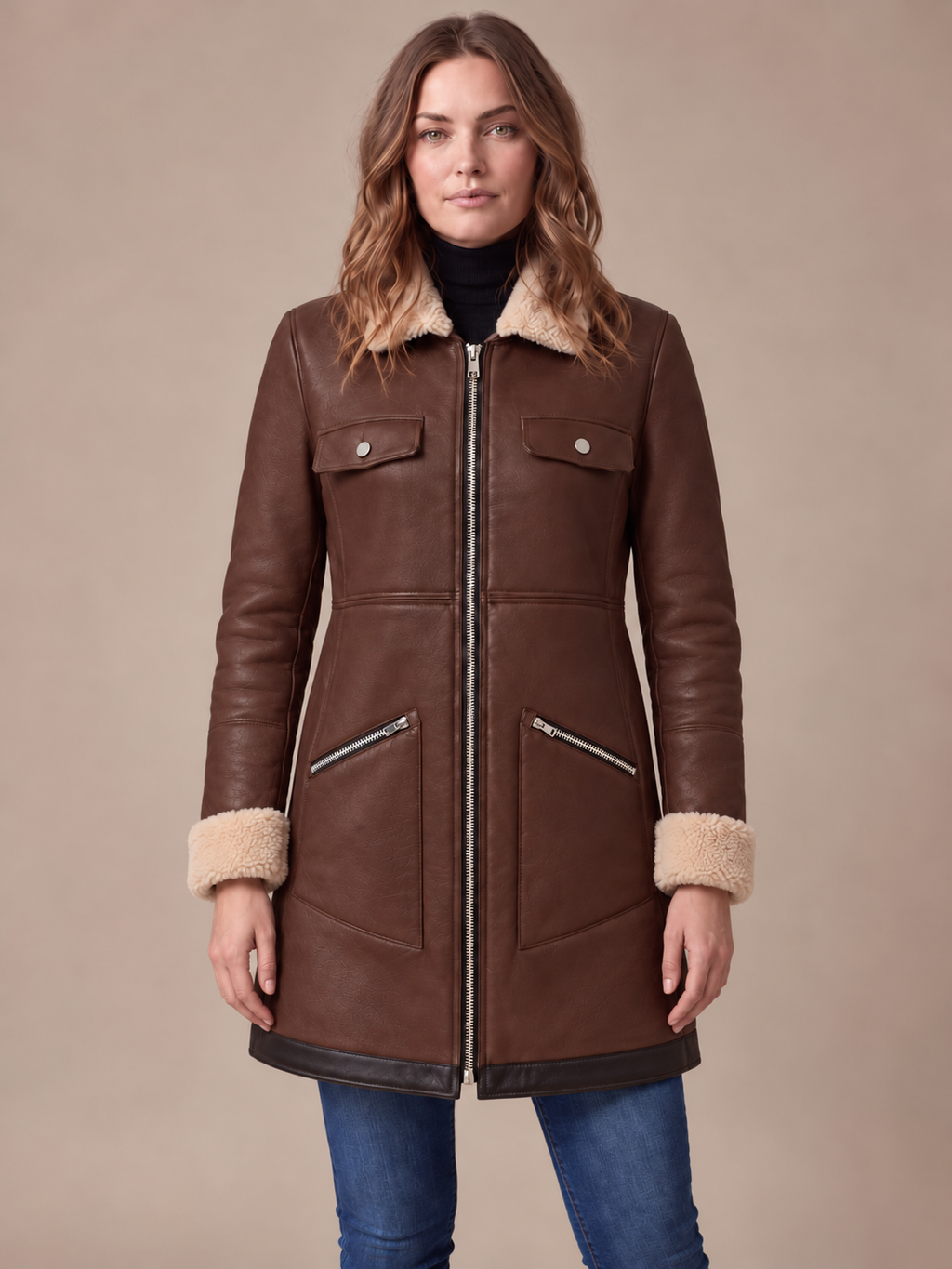 Damen Mantel mit asymmetrischem Reißverschluss und Teddyfellkragen