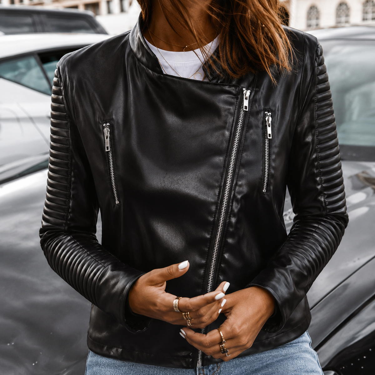 Bikerjacke Damen schwarz mit asymmetrischem Reißverschluss