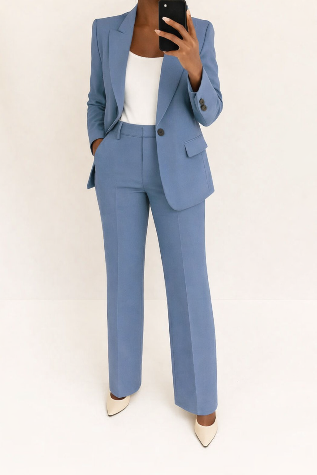 Hosenanzug Damen blau tailliert mit weitem Hosenbein