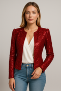 Blazer Damen rot tailliert mit Pailletten und ohne Kragen