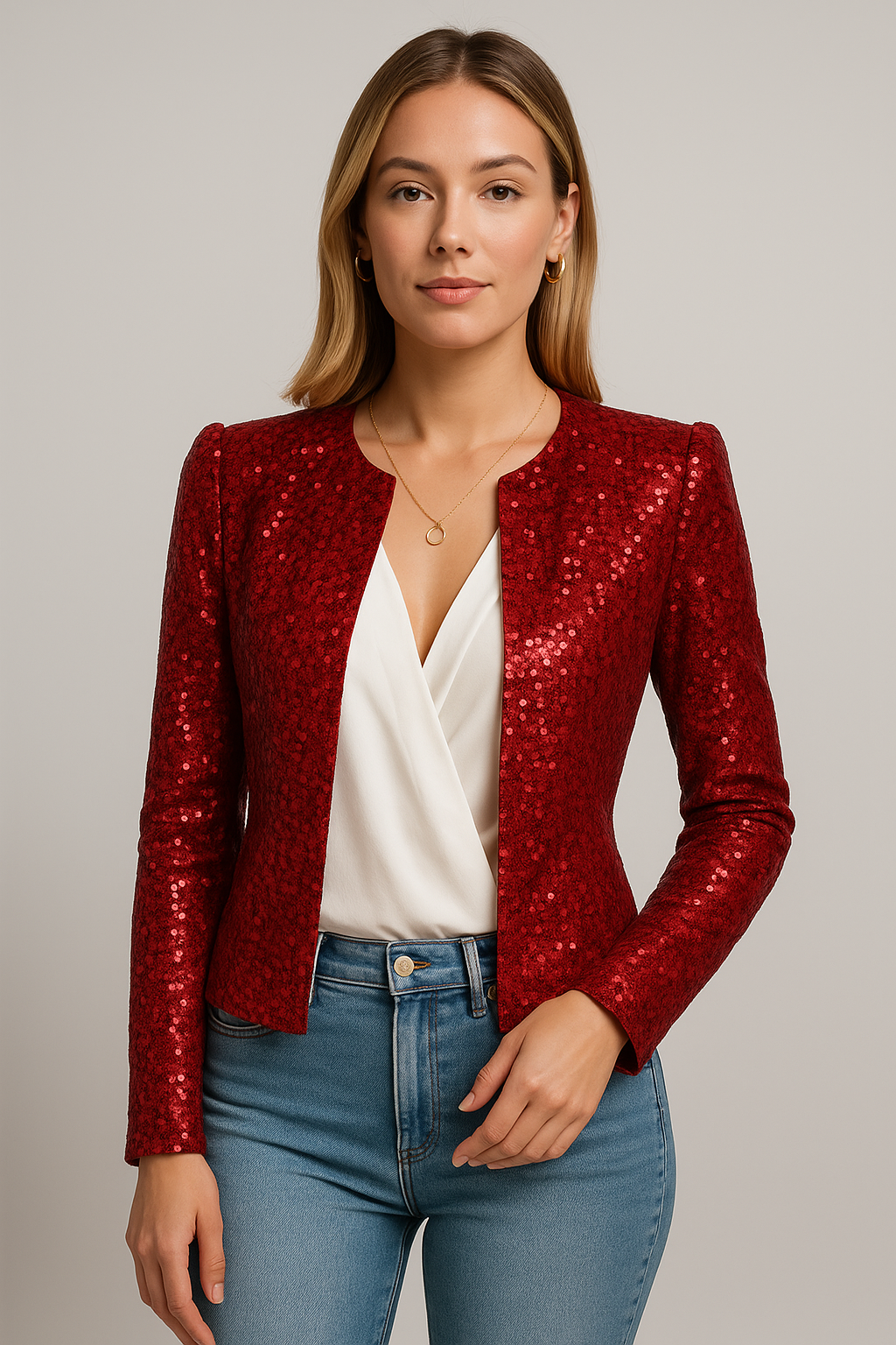 Blazer Damen rot tailliert mit Pailletten und ohne Kragen