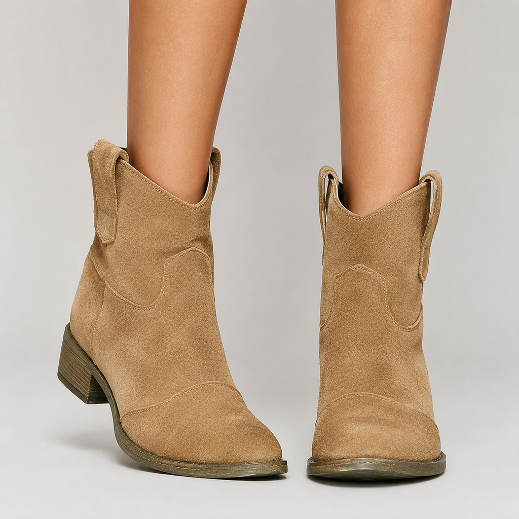 Stiefeletten Damen beige mit Blockabsatz und Westernnaht
