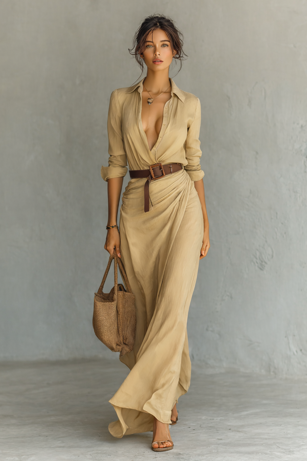 Maxikleid Damen beige langärmlig mit Gürtel und V-Ausschnitt
