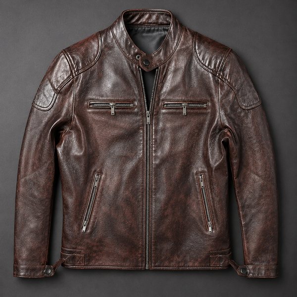 Bikerjacke Herren braun tailliert mit Stehkragen und Reißverschluss
