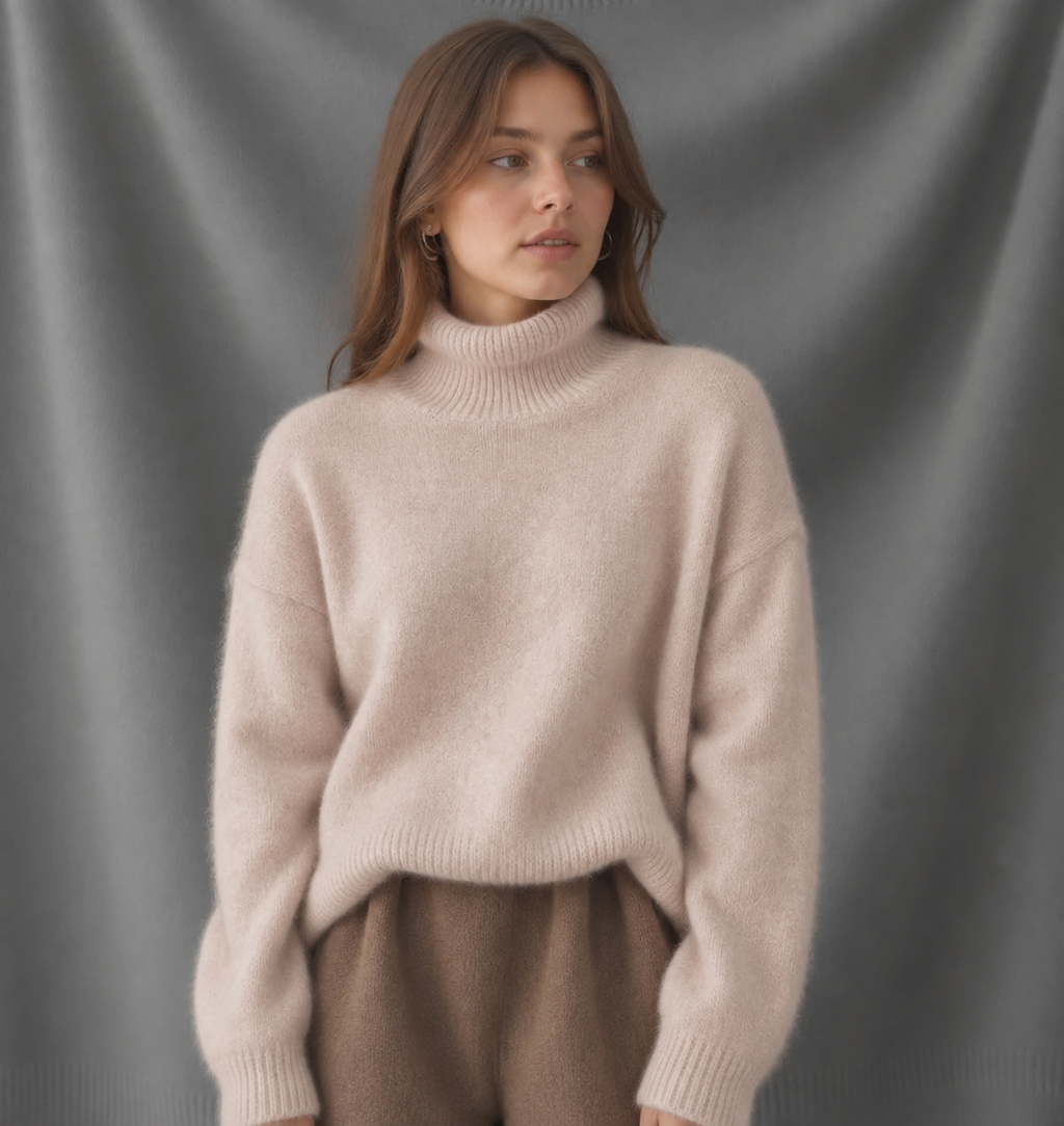 Rollkragenpullover Damen beige oversized mit weiten Ärmeln