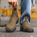 Chelsea Boots Damen grün mit Blockabsatz und robuster Sohle