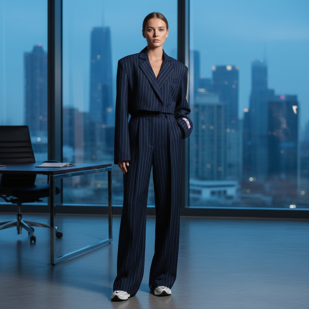 Anzug Damen blau gestreift mit weitem Bein und kurzem Blazer
