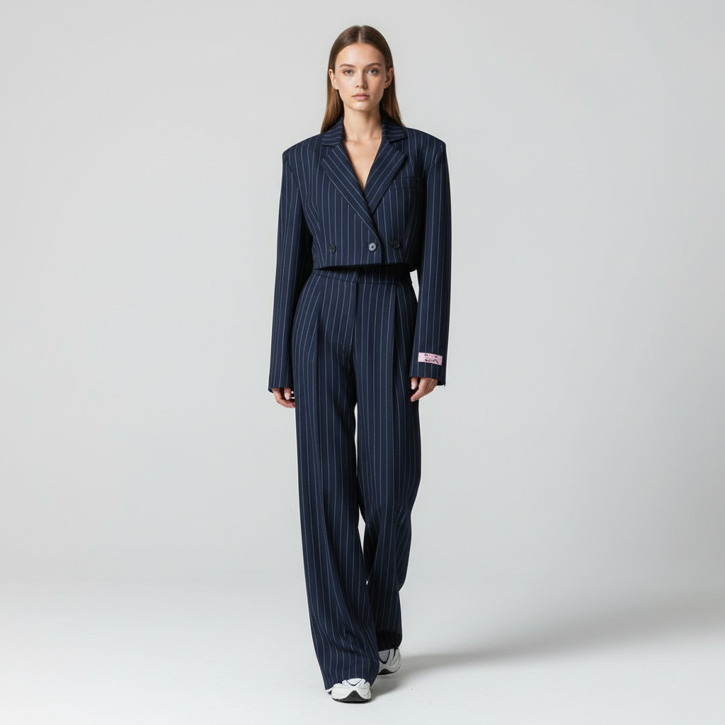 Anzug Damen blau gestreift mit weitem Bein und kurzem Blazer