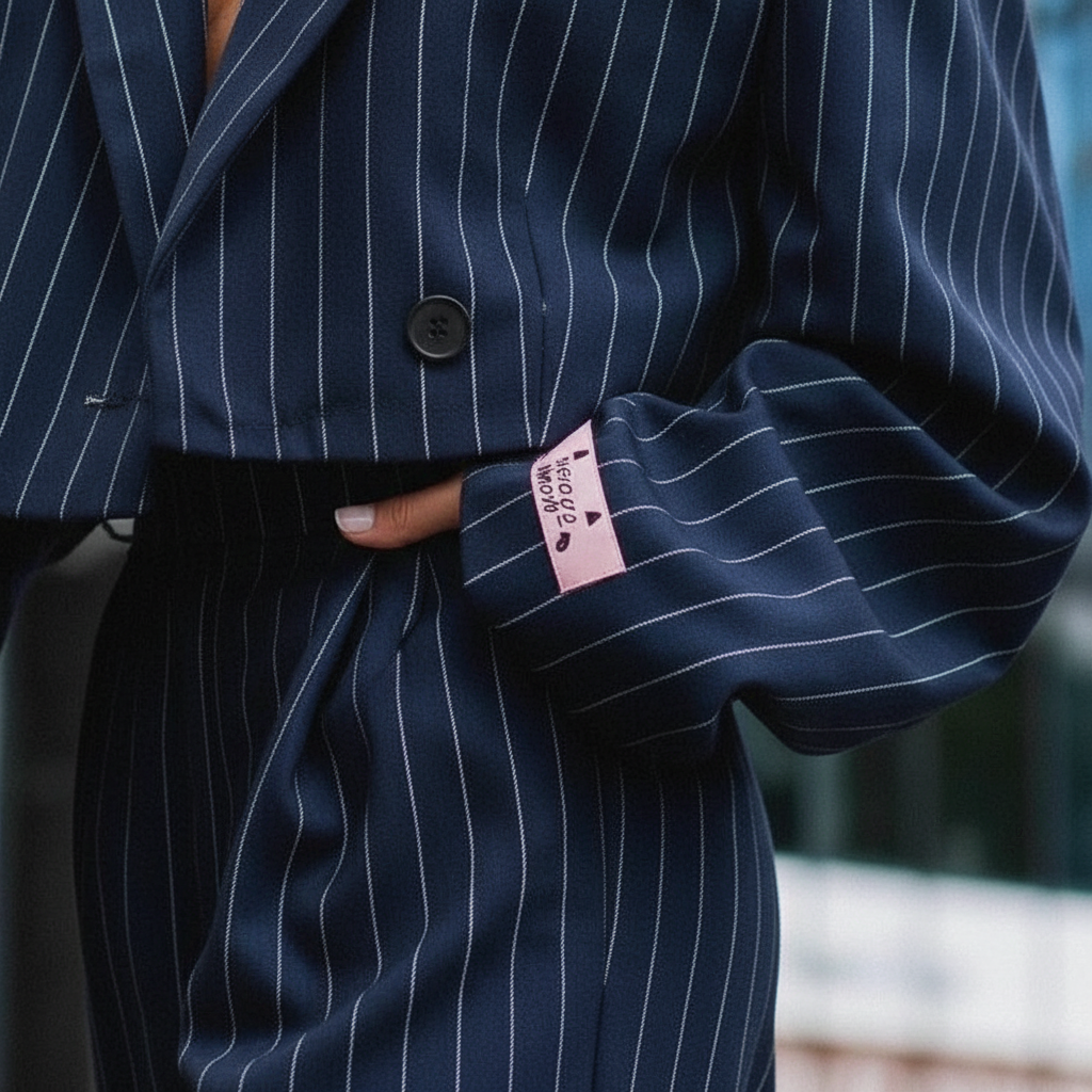 Anzug Damen blau gestreift mit weitem Bein und kurzem Blazer