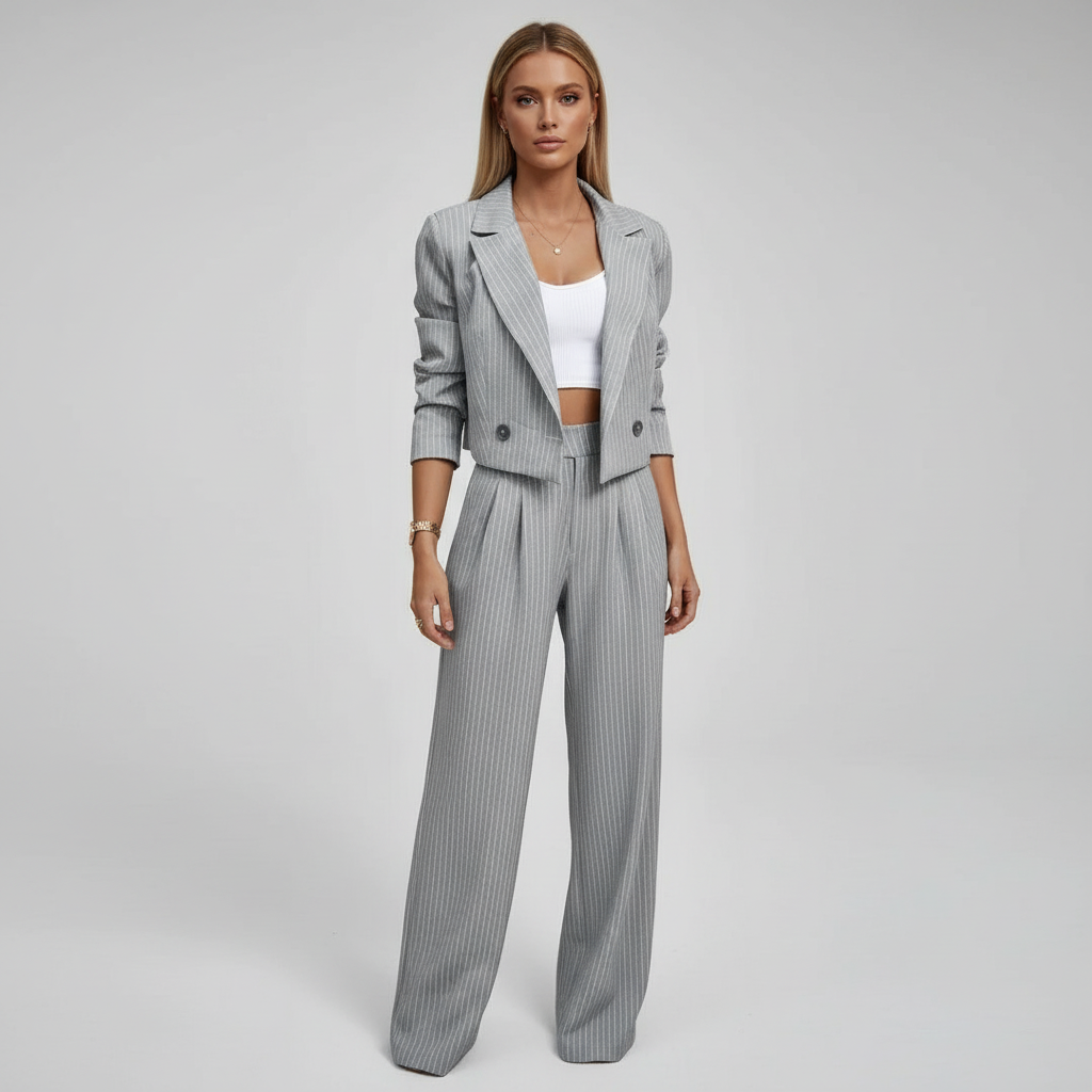 Anzug Damen blau gestreift mit weitem Bein und kurzem Blazer