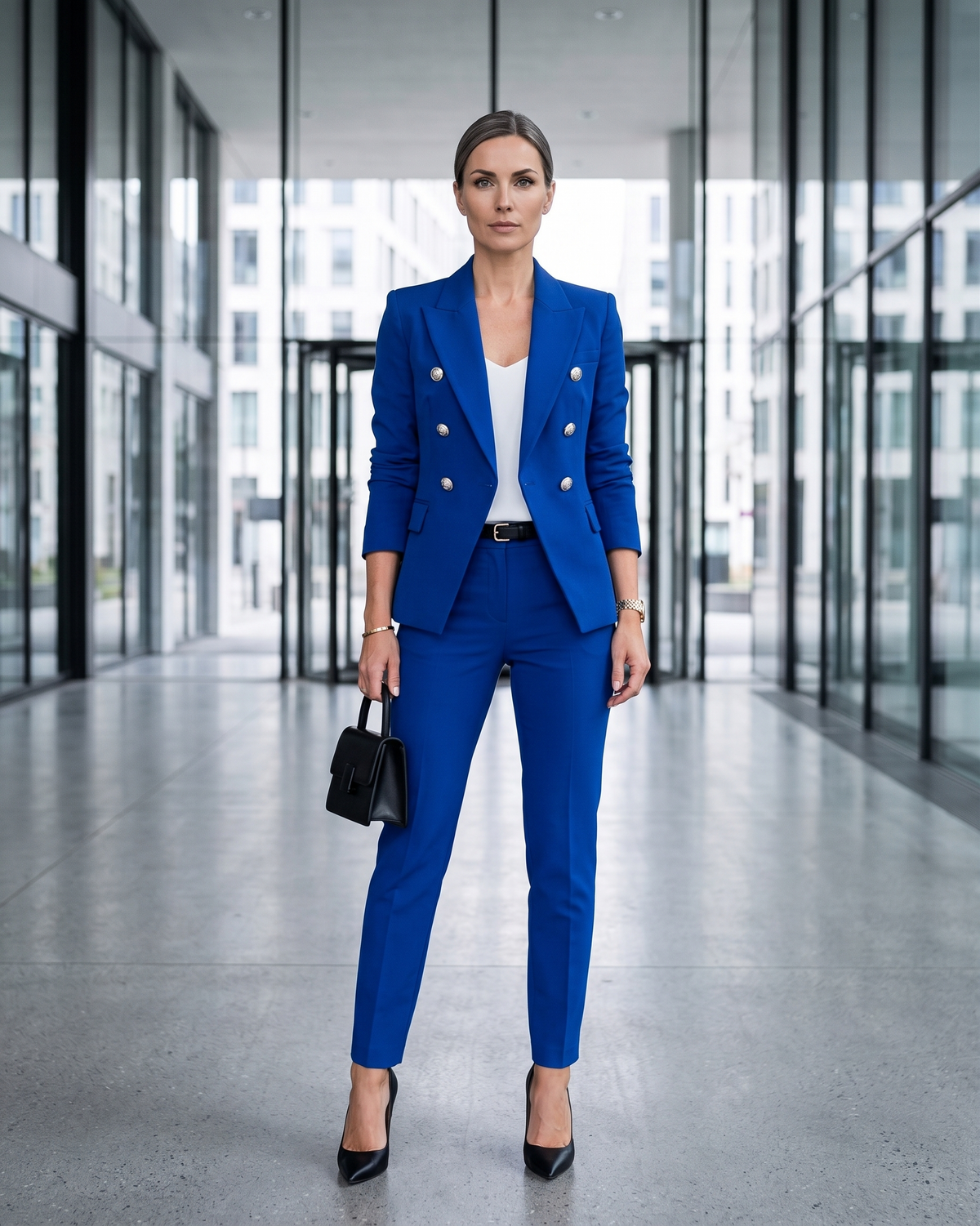 Blazer Damen schwarz zweireihig mit Löwenknöpfen und Reverskragen