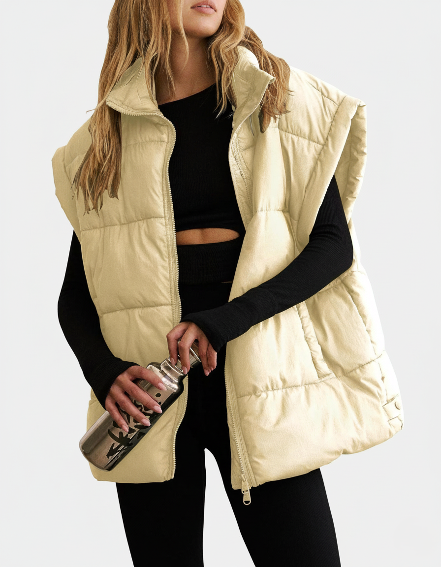 Steppweste Damen beige oversize ärmellos mit Stehkragen