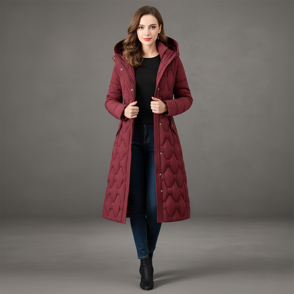 Steppmantel Damen rot lang mit Kapuze und Taillenband