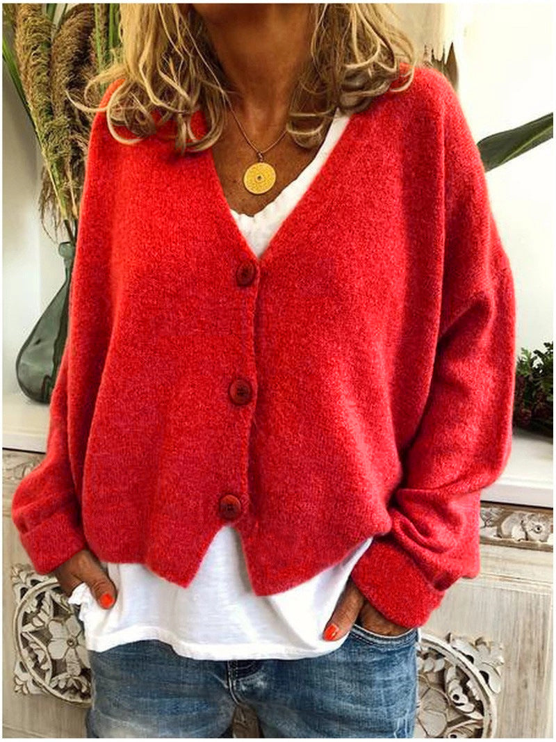 Strickjacke Damen rot mit V-Ausschnitt und Knopfleiste