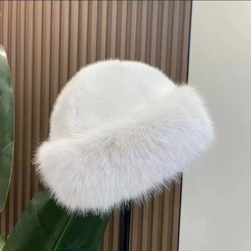 Bucket Hat Damen weiß flauschig mit breiter Krempe