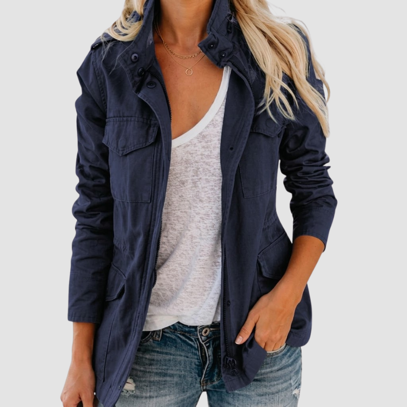Jacke Damen schwarz mit Stehkragen und Brusttaschen