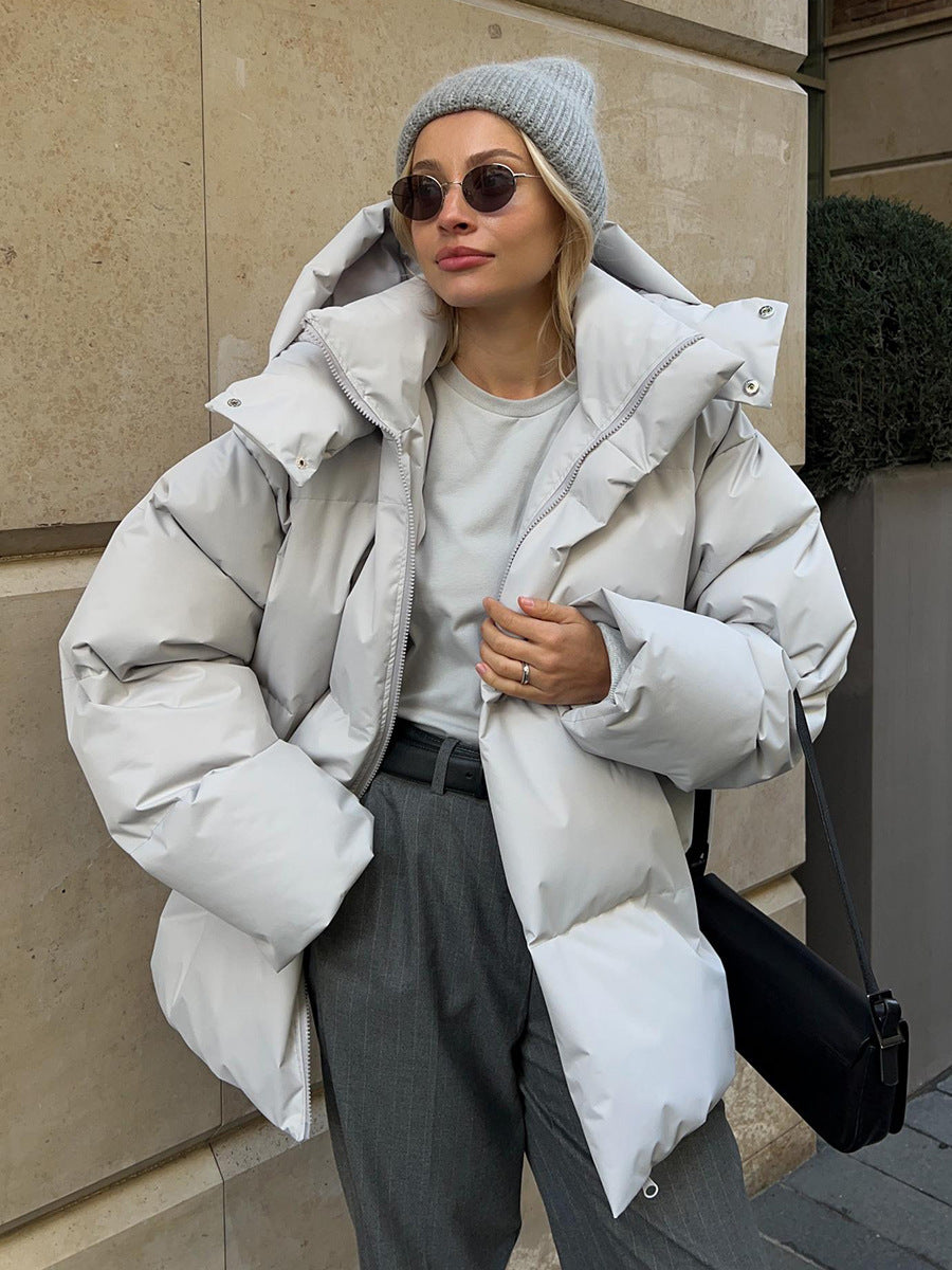Steppjacke Damen grau oversized mit hohem Kragen und Reißverschluss