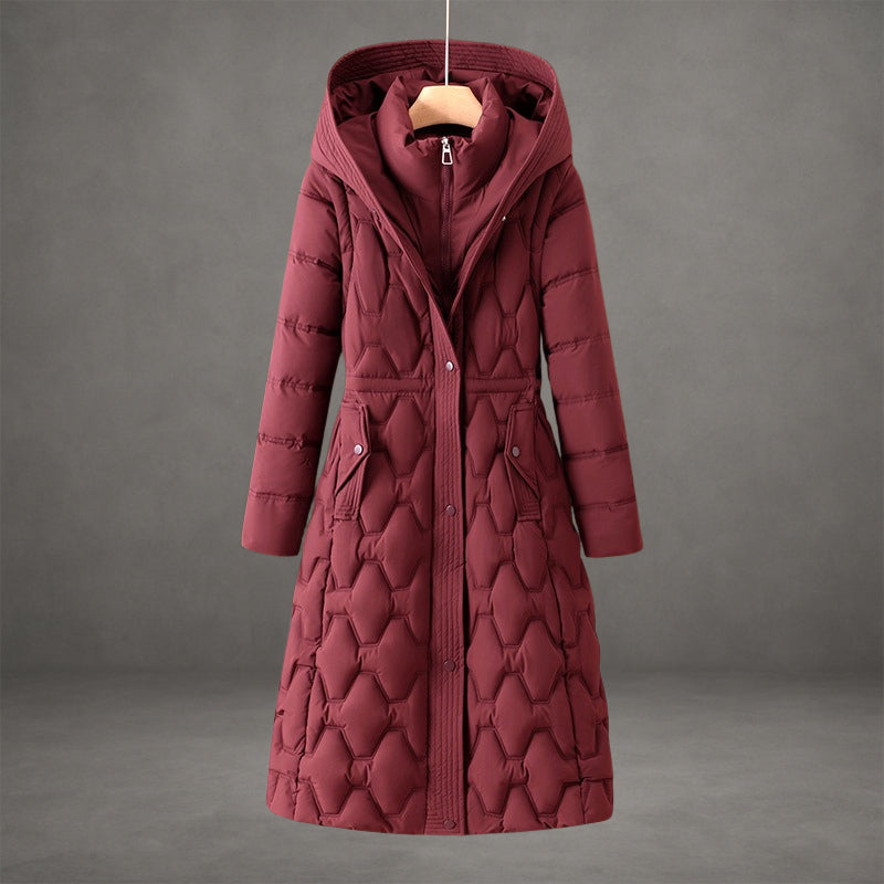 Steppmantel Damen rot lang mit Kapuze und Taillenband