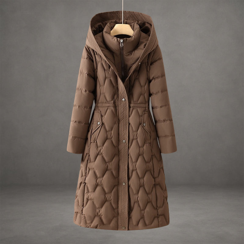 Steppmantel Damen rot lang mit Kapuze und Taillenband