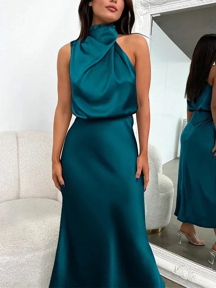 Maxikleid Damen petrol ärmellos mit asymmetrischem Ausschnitt