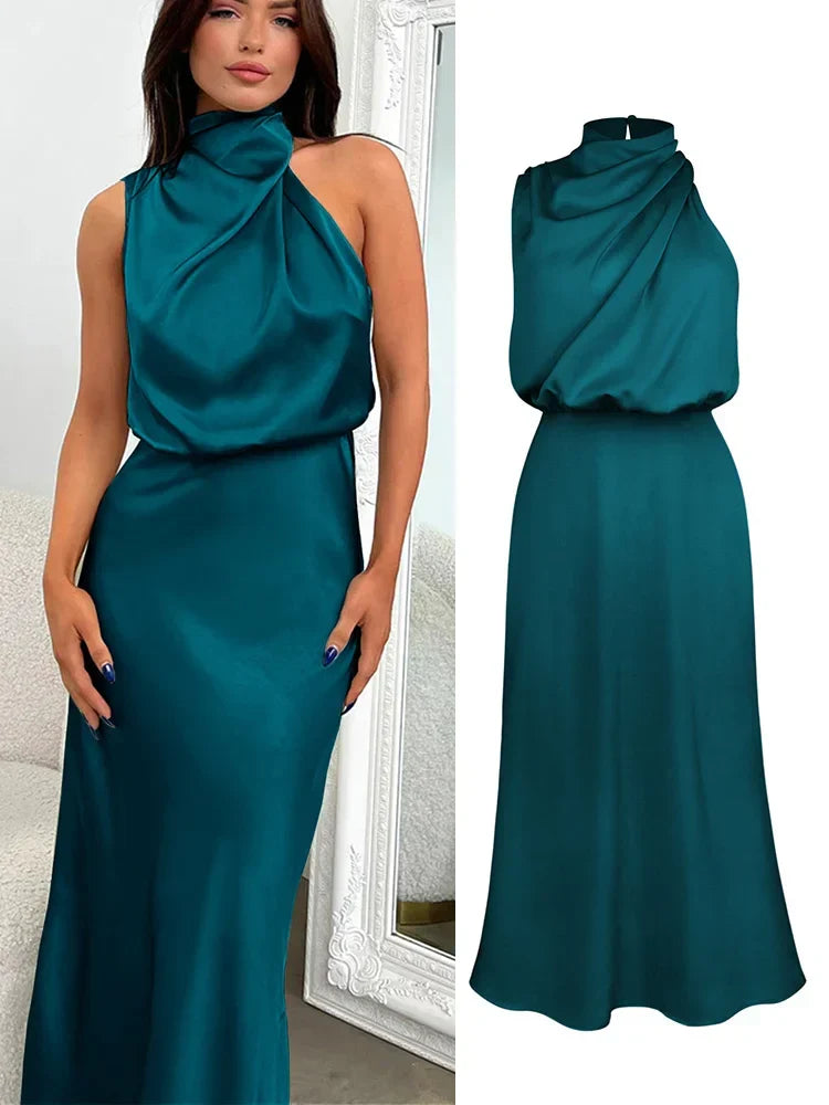 Maxikleid Damen petrol ärmellos mit asymmetrischem Ausschnitt