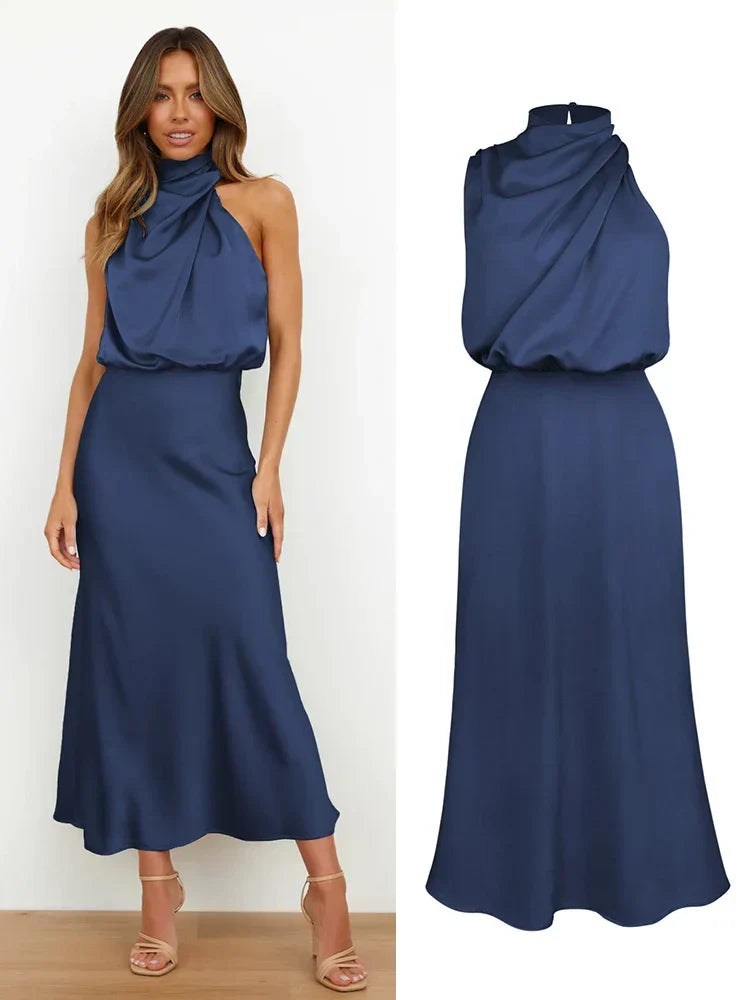 Maxikleid Damen petrol ärmellos mit asymmetrischem Ausschnitt